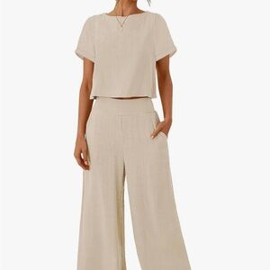 ZESICA Women's 2 Piece Outfits Linen Short Sleeve Crop Top and Wide Leg Pants